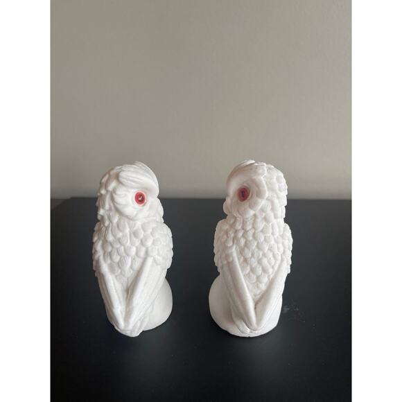 Pair of Vintage Italian Alabaster Snow Owl Sculptures - White Salt Stone - Picture 5 of 10